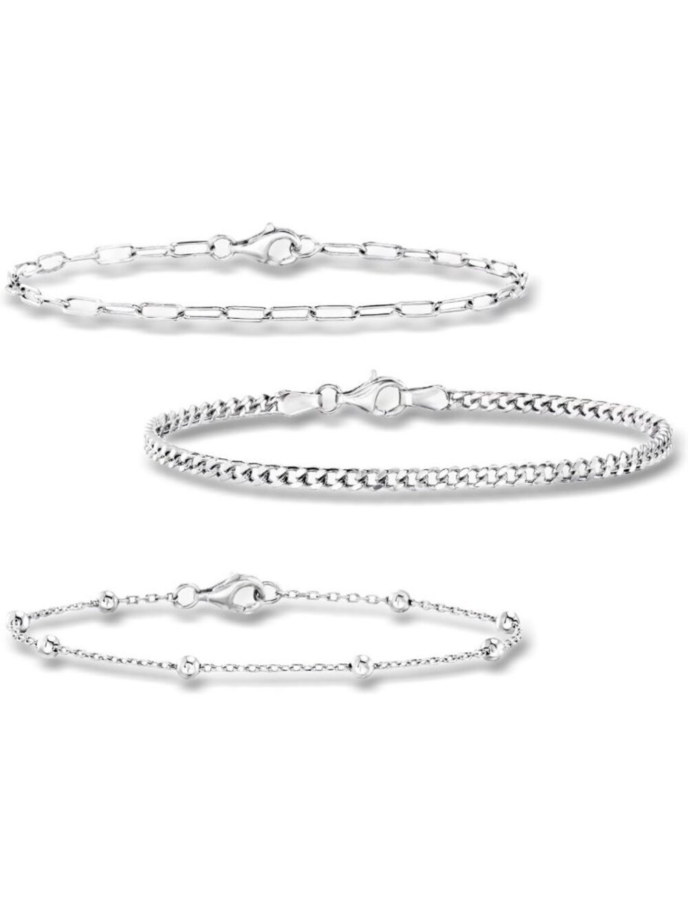 Sterling Silver Jewelry Set: Curb-Link, Paper Clip & Bead-Chain Bracelets
